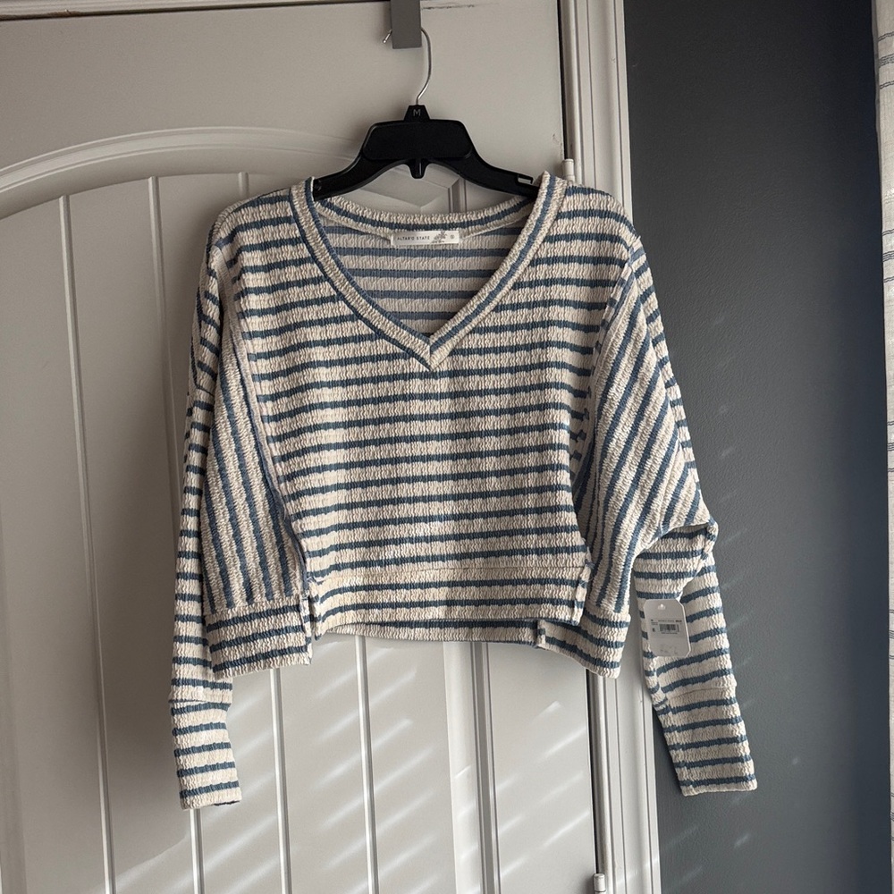 Altar'd State Blue and White Striped V-Neck Top